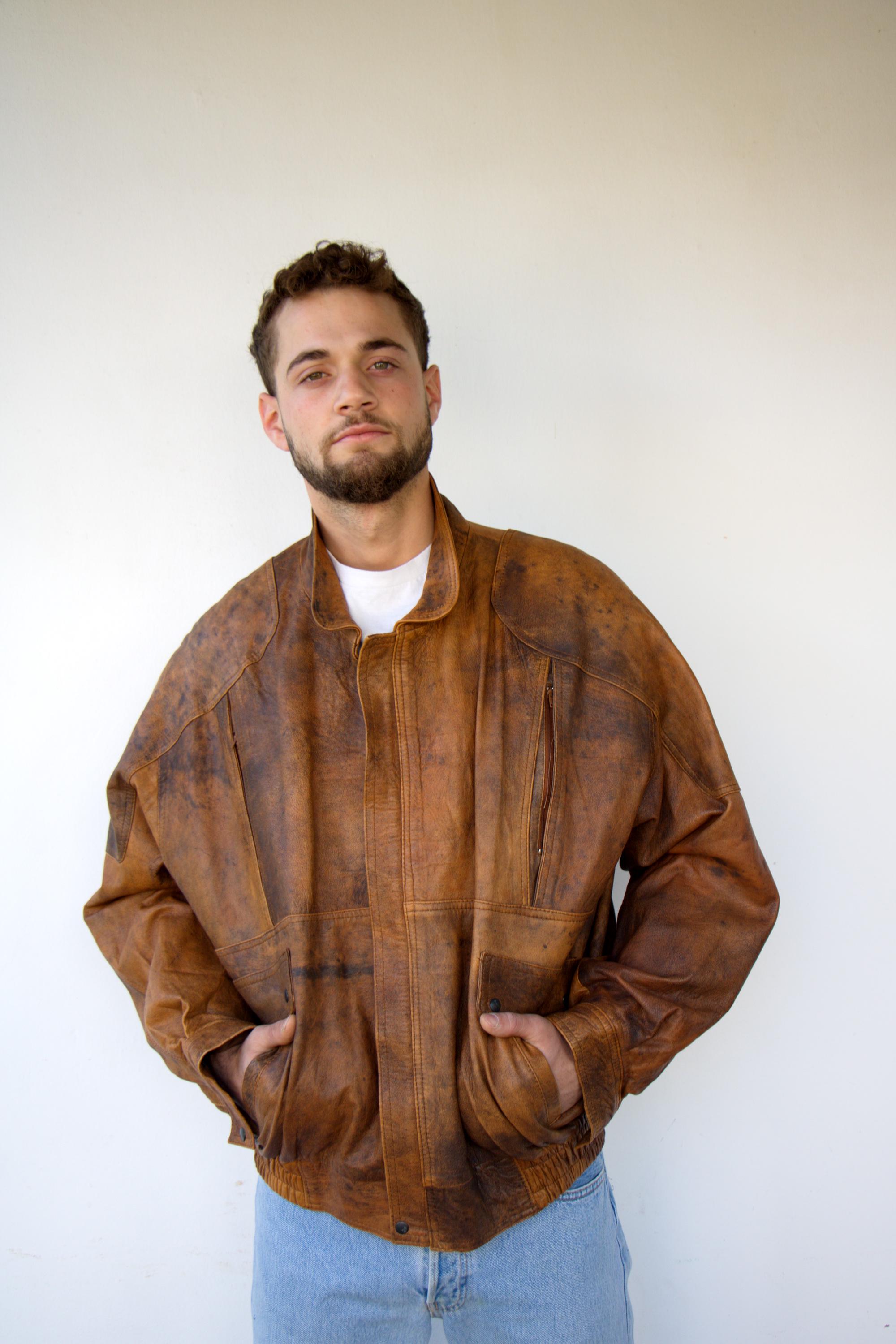 Vintage 90s Brown Distressed Leather Bomber Jacket – Mottled