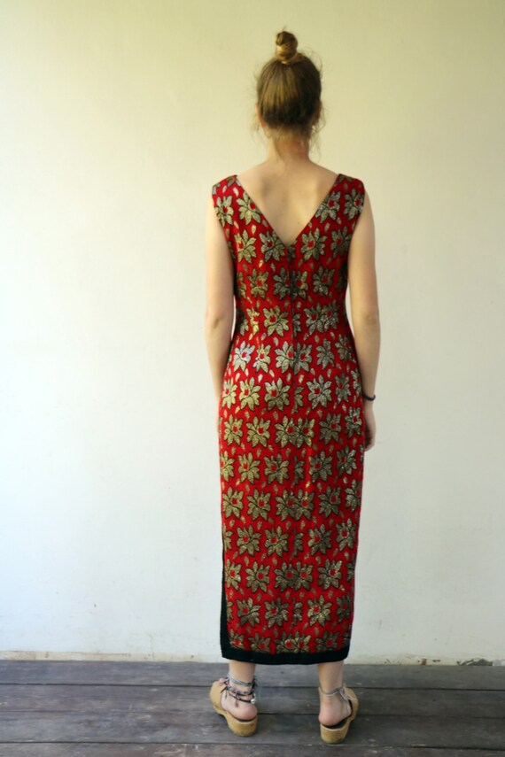 60s Glamour Dress, Vintage 1960s Floral Red and G… - image 9