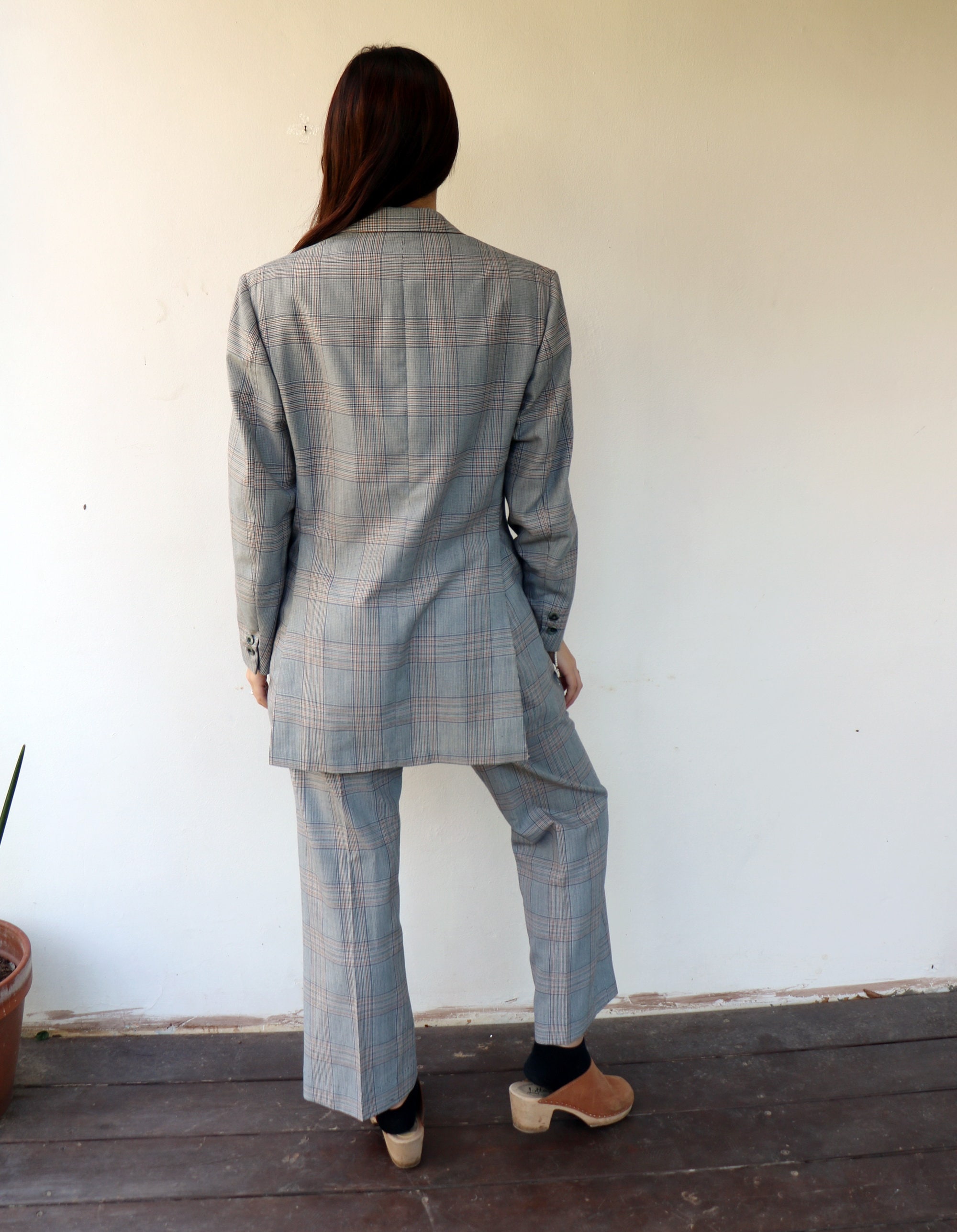 Vintage Plaid Suit Pant Set Blue Orange Flared Trouser Jacke
