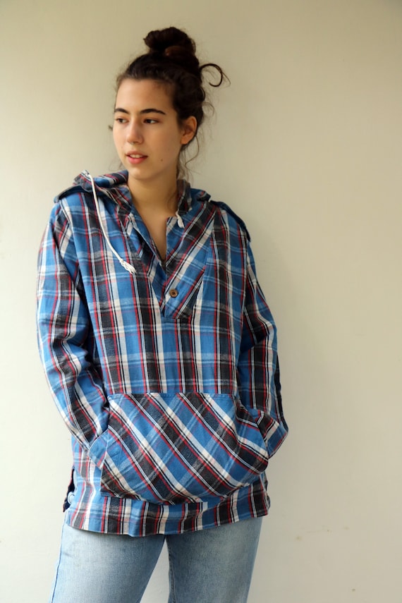 Plaid Hoodie Sweater Vintage 70s 80s Pullover Blue Red Boho Hippie Hooded Cotton Flannel Hippy Poncho Top Shirt M