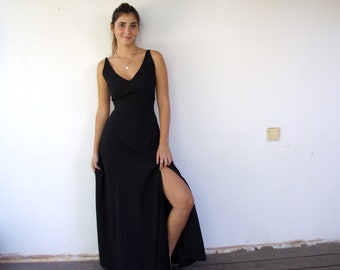 Vintage 90s Gottex Black Backless Maxi Dress, Cross Back Evening Gown with Slit // S