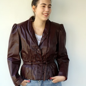 Wilson's leather jacket, Vintage 70s Cropped Oxblood Maroon Boho Hippie High Waist Belted Puffed Sleeves Motorcycle Biker Rocker 80s // M image 9