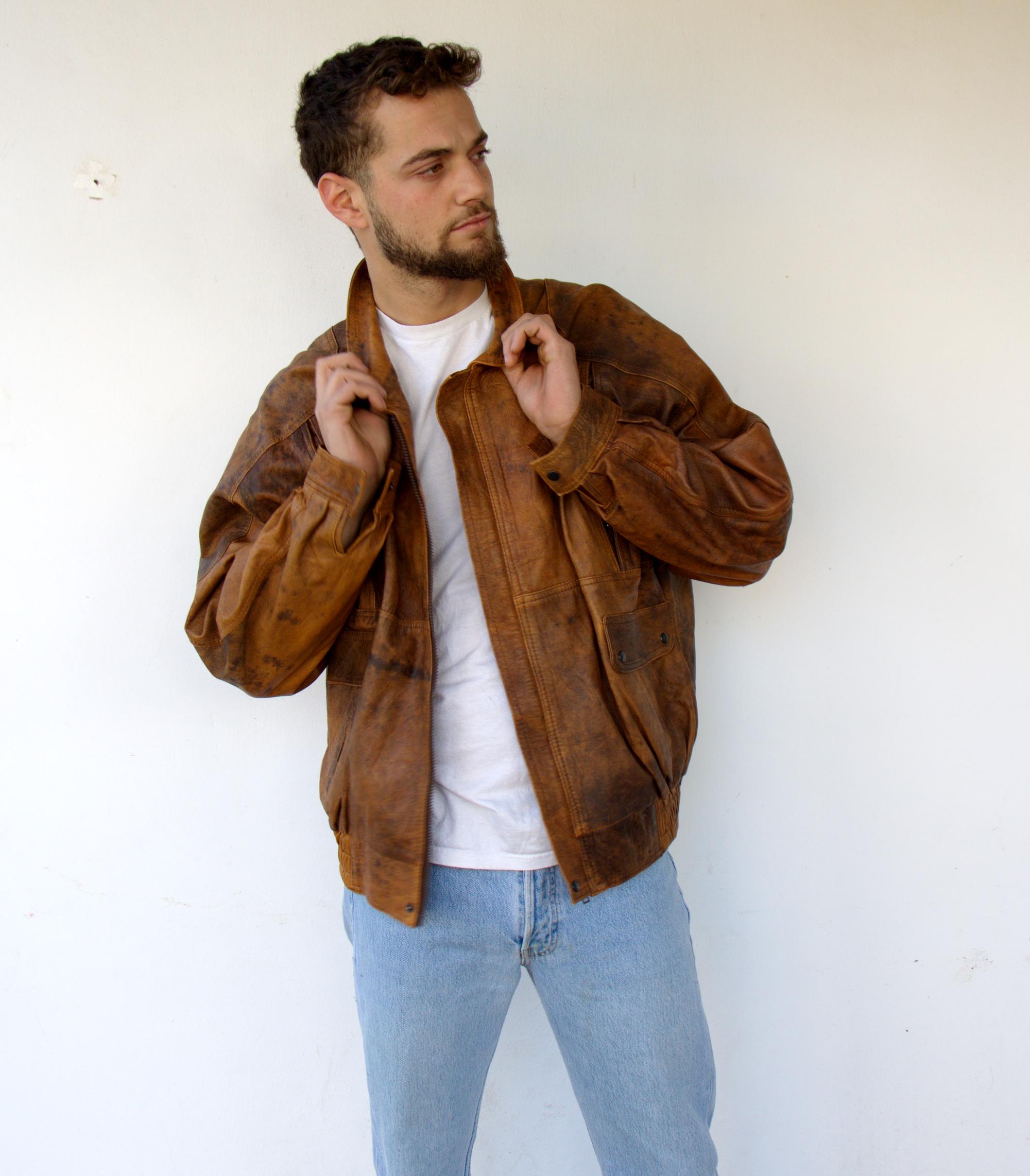Vintage 90s Brown Leather Bomber Jacket, Distressed Moto Biker