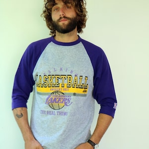 Vintage 90s Los Angeles Lakers Baseball Raglan Shirt, NBA Gray Purple 3/4 Sleeve Graphic Tee T-shirt // M