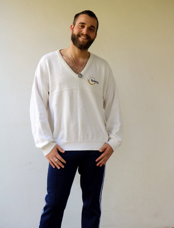 トップス 80s LEE vintage sweat shirt  white Vintage 80s 90s LEE Sports Sweater – White Cotton V-neck