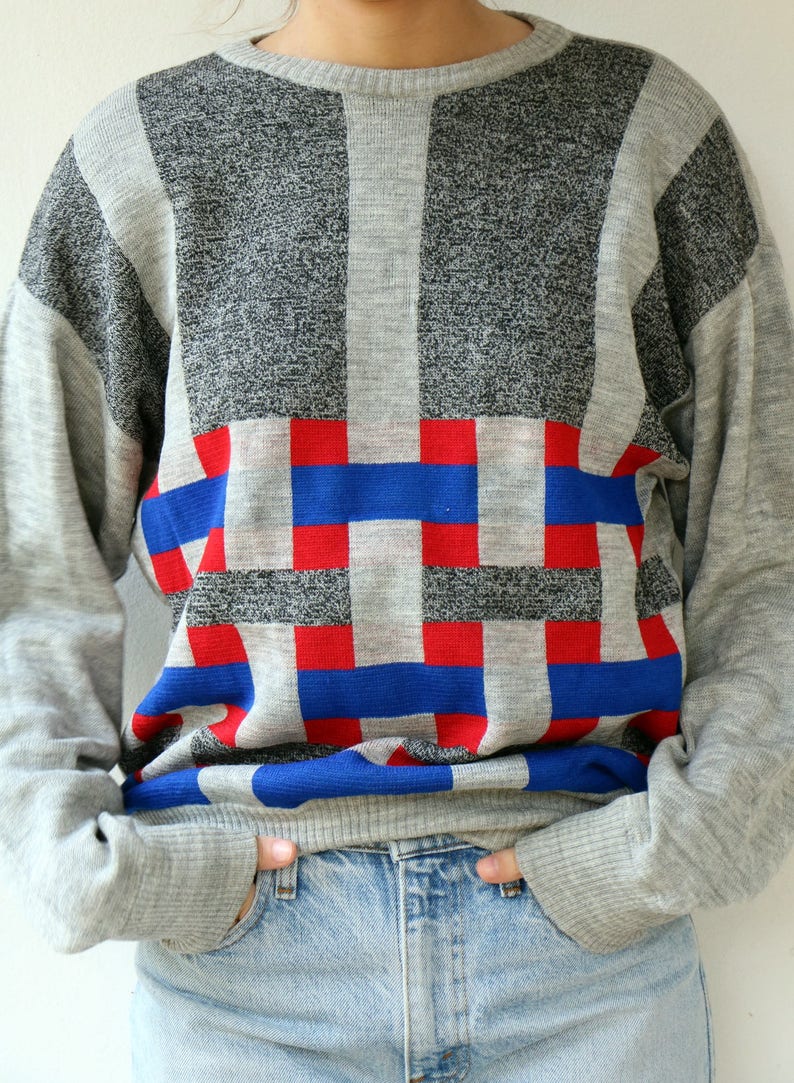 70s Knit Sweater Vintage Boho Squares Geometric Pullover - Etsy