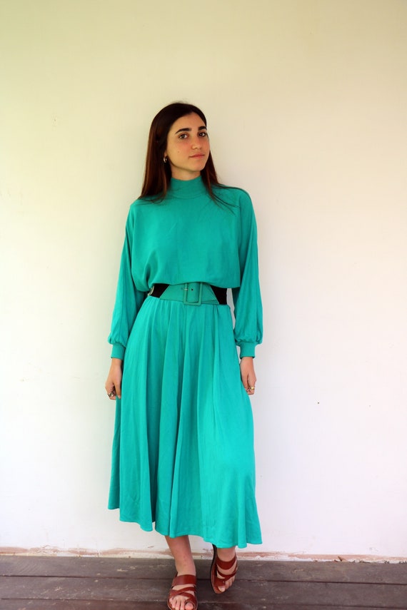 80s Hearts Green Mockneck  Dress , Vintage 1980s … - image 1