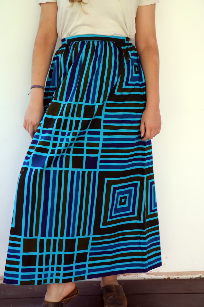 Geometric Skirt, Vintage 70s Boho Hippie Maxi High Waist A Line Striped Squared Blue Brown Cotton Hippy Dress 1970s// S image 2