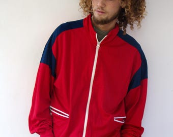 Vintage 70er Jahre rot blaue Trainingsjacke, Zip Front // M L