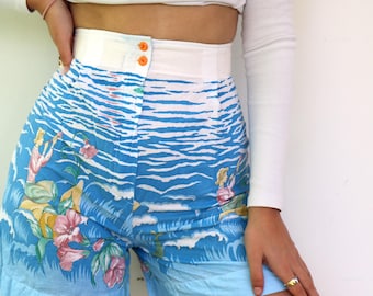 Vintage 1950-tals shorts med mönster, hög midja, bomullsstrandshorts, pin up-modell, XS