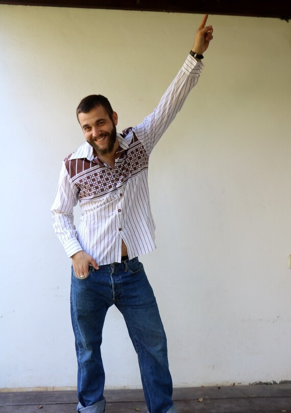 Men's Collared Shirt, Vintage 70s Boho Hipster Whi