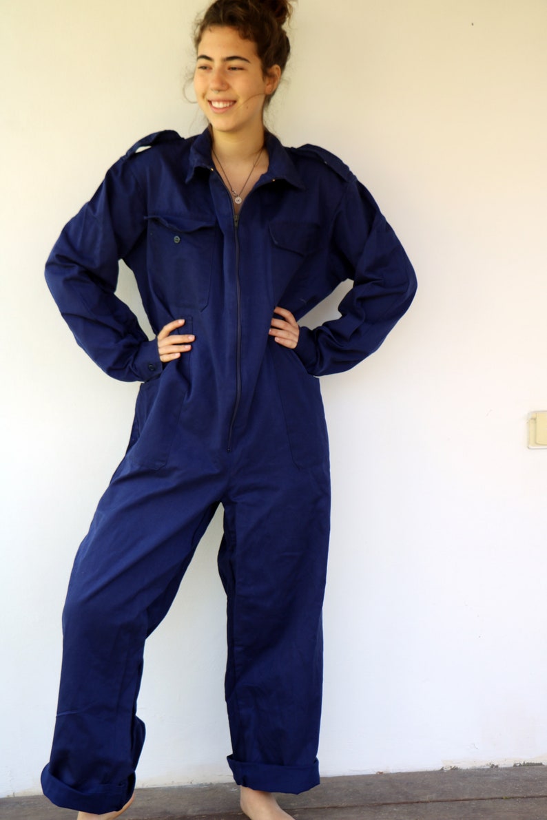 Workwear Coveralls, Vintage 70s Blue Jumpsuit Dungarees Overalls Mechanic Suit Boho Hippie Cotton Work Wear Oversize Utility 80s // O.S image 2