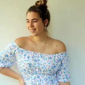 Cottagecore Prairie Dress, Vintage 70s 1970s Boho Hippy Off The Shoulder Floral White Blue Pink Maxi Empire Waist Dress Hippie Cotton // M/L image 3