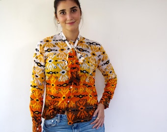 Vintage 70s Orange Tie Neck Blouse, Psychedelic Floral Secretary Shirt // S/M
