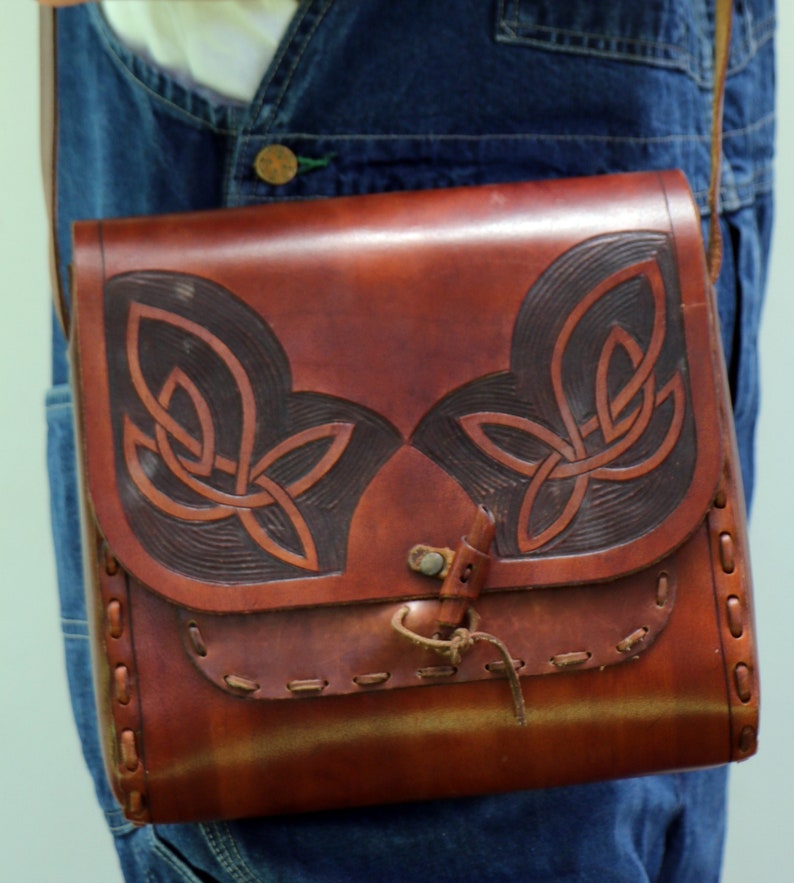 Tooled Leather Bag , Vintage 70s Handmade Brown Boho Hippie Celtic Handbag Shoulder Messenger Hippy 1970s image 2