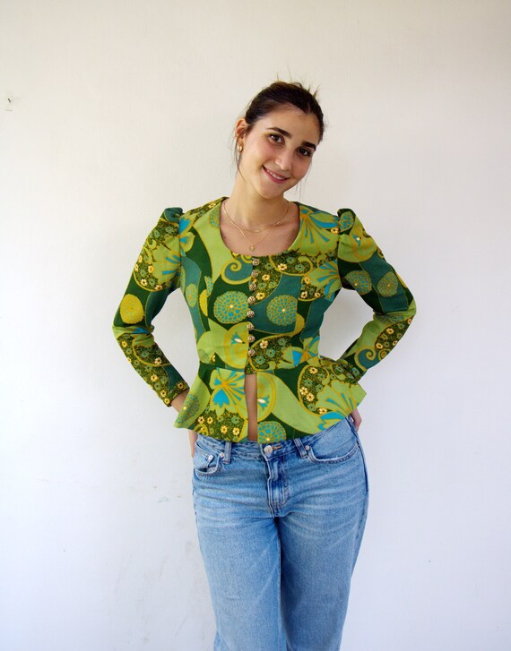 Floral Peplum Blouse , Vintage 70s 1970s Puff Sle… - image 7