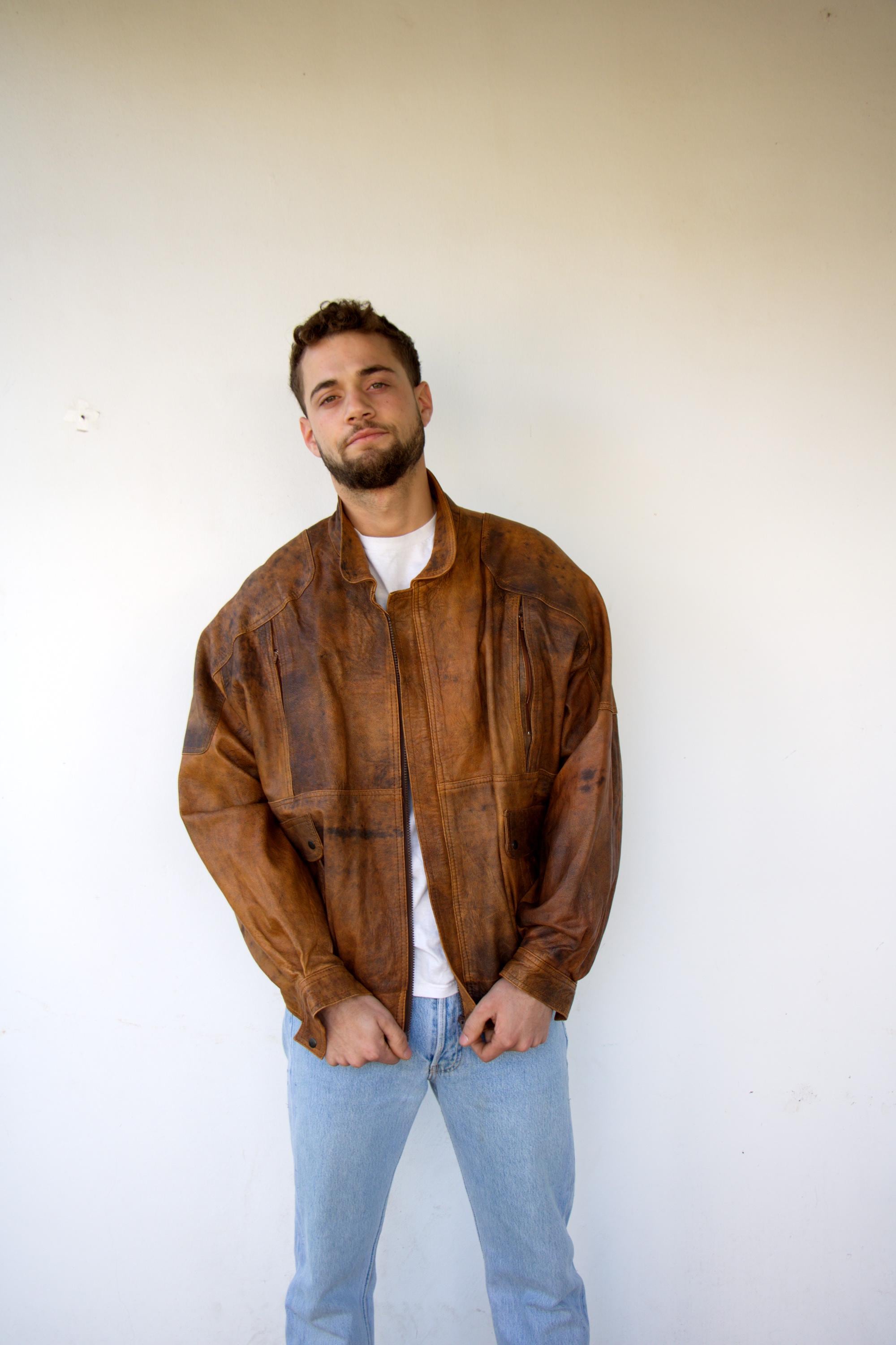 Vintage 90s Brown Leather Bomber Jacket, Distressed Moto Biker