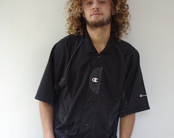 Vintage 90s Champion Basketball Shooting Shirt, Black Snap Front Warm Up // S/M