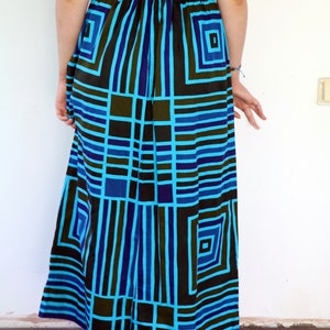 Geometric Skirt, Vintage 70s Boho Hippie Maxi High Waist A Line Striped Squared Blue Brown Cotton Hippy Dress 1970s// S image 4