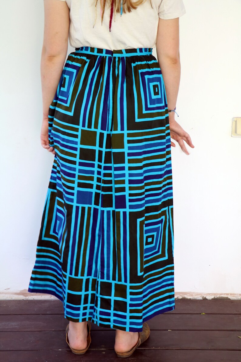 Geometric Skirt, Vintage 70s Boho Hippie Maxi High Waist A Line Striped Squared Blue Brown Cotton Hippy Dress 1970s// S image 4