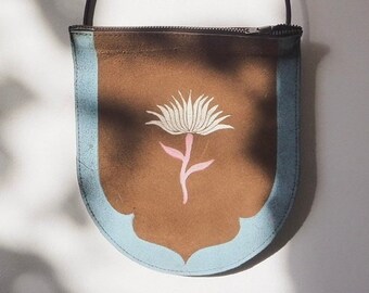 Small Size Handmade Leather Crossbody Bag with Lotus Block Print