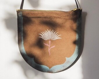 Medium Size Handmade Leather Crossbody Bag with Lotus Print