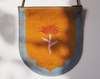 Small Size Handmade Leather Crossbody Bag with Lotus Block Print