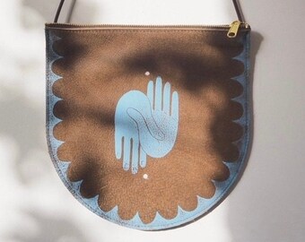 Medium Size Handmade Leather Crossbody Bag with United Hands Print