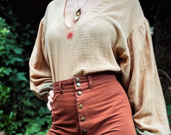 Sand Organic Cotton V-Neck Blouse with Puff Sleeves & Lotus Block Print
