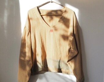 Sand Organic Cotton V-Neck Blouse with Puff Sleeves & Lotus Block Print