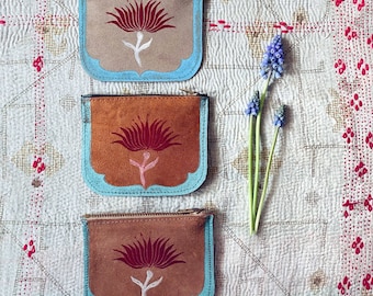 Handmade leather purse with lotus flower block print