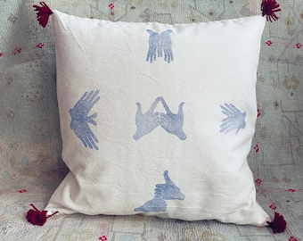 Tibetan Mudras Pillow Cover: Hand-Printed Organic Cotton, Tassels 40x40cm
