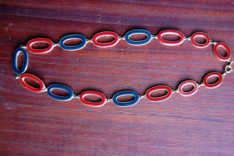 Red and Blue Enamel Reversible Necklace Cream