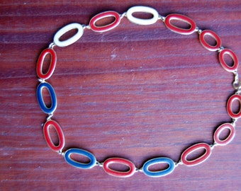 Red, Cream, and Blue Enamel Reversible Necklace