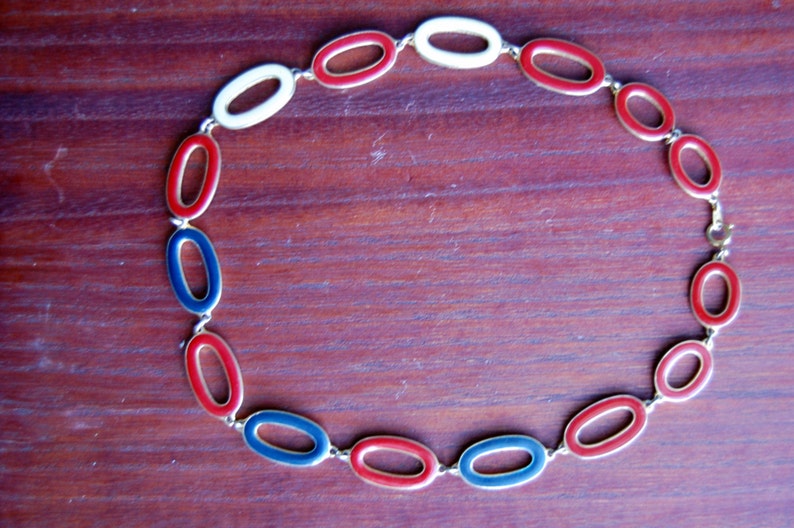 Red and Blue Enamel Reversible Necklace Cream