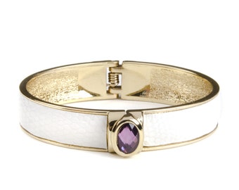 White Faux Leather Gold Hinged Bangle with Purple Stone Modern Statement Bracelet | Gift for her