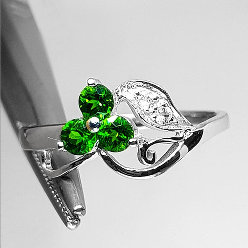 chrome green diopside jewelry Natural Green Diopside Ring Rhodium Finish natural diopside ring 925 sterling silver green gemstone ring