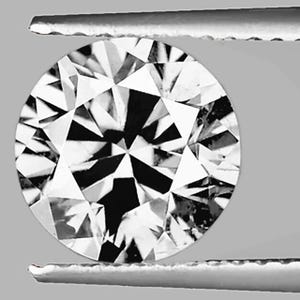 May include: A round, clear diamond gemstone with a brilliant cut, held in a pair of tweezers.