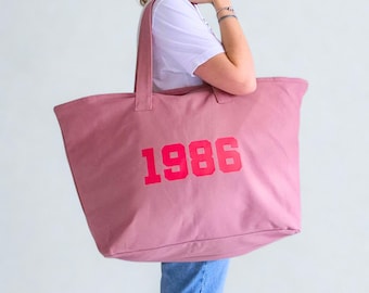 Birth Year Tote with Zip and Inside Pocket. Personalised Oversized Bag With Custom Text.