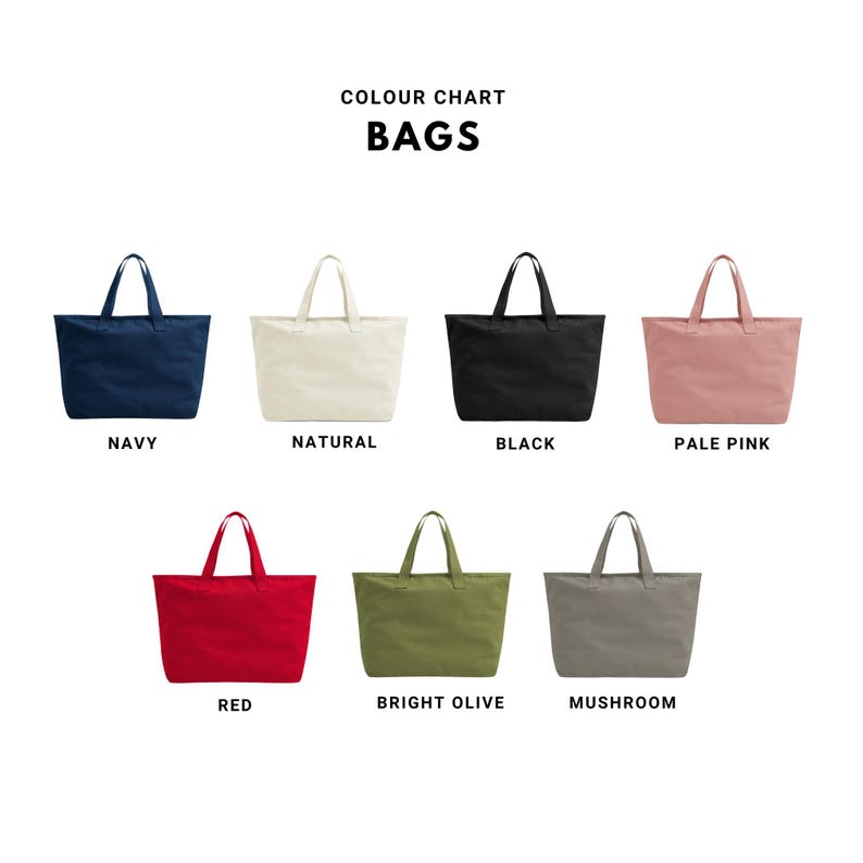 May include: A color chart of tote bags in various colors, including navy, natural, black, pale pink, red, bright olive, and mushroom. The bags are rectangular with two handles.