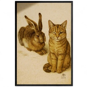 Dürer Feldhase mit Katze Poster – Zwinkernde Katze – Renaissance Tierkunst – lustige Hommage – Wandbild Geschenk