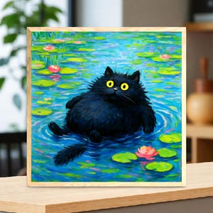 Könnte beinhalten: Gerahmter Kunstdruck mit einer schwarzen Katze in einem Teich mit Seerosen und rosa Blüten. Die Katze hat gelbe Augen und ist von blauem Wasser umgeben. Das Kunstwerk hat einen Holzrahmen.