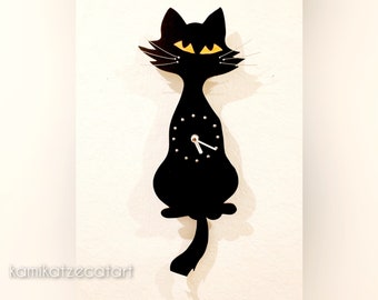 Slingerklok TINI, wandklok, kat, kattenklok, zwarte kat, houten klok, wanddecoratie, kattenfoto, kattenschilderij, staart kwispelt heen en weer