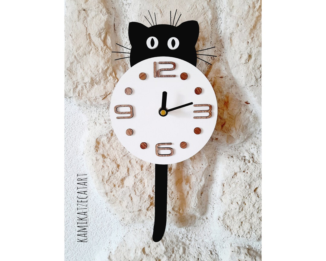 Small Cat Pendulum Clock 'COSMO', Cat Clock, Tail Swings Back and Forth