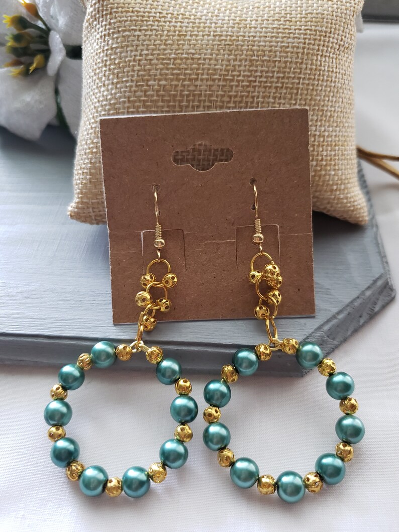 Handmade Earrings, Green Earrings, Hoop Earrings, Pearl Earrings, Dangle Earrings, Gift For Women image 2
