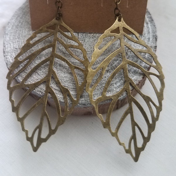 Antique Bronze Leaf Earrings, Gift for her