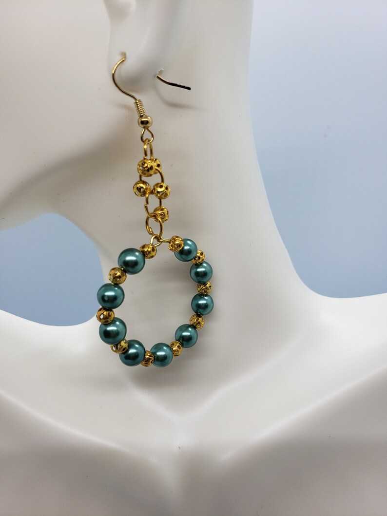 Handmade Earrings, Green Earrings, Hoop Earrings, Pearl Earrings, Dangle Earrings, Gift For Women image 1