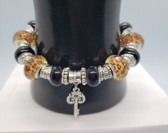 Lampwork Bracelet | Owl Bracelet | Animal Print | Gift for Her | Gift for Her | Key Charm | Leaf Charm