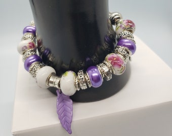 Lampwork Bracelet | Leaf Bracelet | Leaf Jewelry | Silver Bracelet | Purple Bracelet | White Bracelet | Women Bracelet