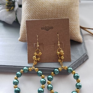 Handmade Earrings, Green Earrings, Hoop Earrings, Pearl Earrings, Dangle Earrings, Gift For Women image 3